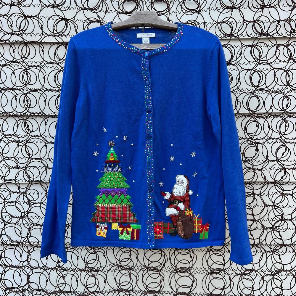 Vintage Blue Light Weight Christmas Cardigan Sweater Santa Presents Tree SMALL